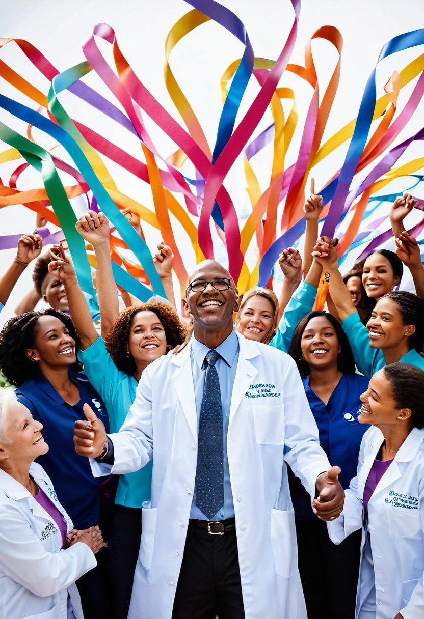 A powerful and uplifting scene depicting a diverse group of cancer survivors celebrating life together, with vibrant ribbons symbolizing different cancers flowing around them. In the background, a blend of innovative medical technologies and comforting support environments, such as a healing garden and a consultation room. The atmosphere is warm and hopeful, capturing the essence of empowerment and community support in oncology. super-realistic. vibrant colors. white background.