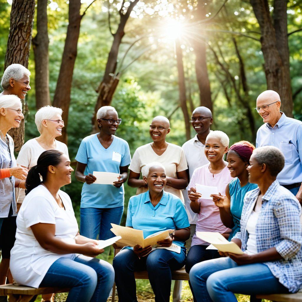A heartwarming scene featuring a diverse group of cancer survivors, each of different ages and backgrounds, joyfully engaging in a supportive community gathering. They are exchanging stories and information while surrounded by nature, symbolizing hope and resilience. Display meaningful resources like pamphlets and supportive banners in the background, showcasing various survivorship programs. Bright sunlight filters through trees to create an uplifting atmosphere. super-realistic. vibrant colors. natural setting.