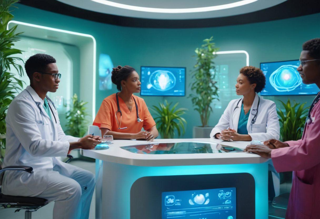 A futuristic healthcare setting showcasing a diverse group of patients and doctors collaborating using advanced technology. Include elements like holographic displays, plants representing holistic wellness, and diverse individuals engaged in emotional support practices. Emphasize an atmosphere of hope, innovation, and compassion. super-realistic. vibrant colors. soft focus.